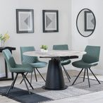Carrara Dining Set - 4 Seater - 135cm - Round - Grey Ceramic - Extending - 4x Boden Swivel Dining Chairs - Green Fabric