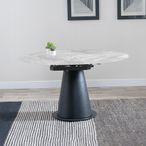 Carrara 4-6 Seater Grey Ceramic Round Swivel Motion Extending Dining Table with Black Pedestal Base - 135cm
