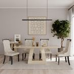 Milan Travertine Beige Engineered Marble Dining Set - Carmela Cream Leather Dining Chair