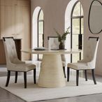 Carrera Travertine Beige Engineered Marble Round Dining Set - 4 Carmela Cream Leather Dining Chair