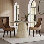 Carrera Travertine Beige Engineered Marble Round Dining Set - 4 Paris Taupe Leather Dining Chair with Brown Legs