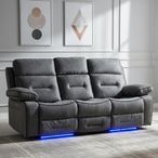 Foster Grey Fabric 3 Seater Recliner Sofa with LED Lights, Drop-Down Table & Cup Holders