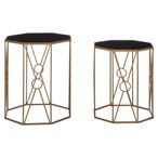 Trento Side Tables - Set of 2 - Black Glass Hexagonal with Gold Metal Base