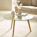 Bryant Coffee Table - 80cm - Round - Clear Glass with Oak Legs