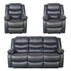 Conrad Manual Recliner Sofa Set - Black Leather - 3+1+1 Seater