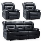 Novie Manual Recliner Sofa Set - Black Faux Leather - 3+1+1 Seater