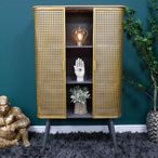 Display Cabinet - Industrial - Gold Metal and Rattan - 2 Door