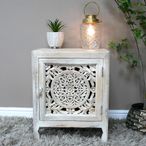 Bedside Cabinet - 1 Door - White Washed Carved Mango Wood - Small