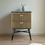 Stephen Bedside Cabinet - Ribbed Brass - 2 Drawer - Black Marble Top