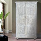 Jensen Wardrobe - 2 Door - Distressed White Carved - Mango Wood
