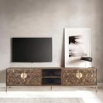 Caltan Large TV Unit - 4 Door - Walnut Mango Wood and Gold - Geometric