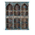 Sondrio Shelving Unit - Antique Blue - Carved Mango Wood - Large