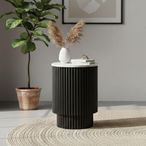 Lucas Black Side Table - 1 Door Round Fluted - White Marble Top