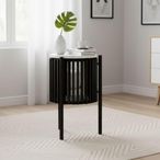 Soho Black Side Table - 1 Door - Slatted Story Round - White Marble Top