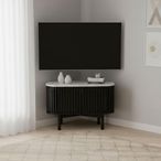 Soho Black TV Unit - Slatted Corner Storage - White Marble Top