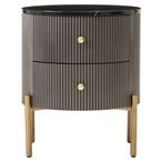 Dervio Bedside Cabinet - 2 Drawer - Round - Grey Fluted with Black Marble Top