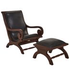 Inca Chair - Black Leather with Teak Wood - Lounge with Footstool