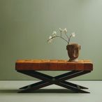 Inca Bench - Brown Leather with Teak Wood - Cross Legs