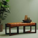 Inca Bench - Brown Leather with Teak Wood - Wooden Legs