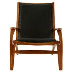 Kendari Lounge Chair - Black Leather with Teak Wood