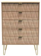 Diamond Oak Effect 5 Drawer Chest with Gold Hairpin Legs
