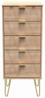 Diamond Oak Effect 5 Drawer Narrow Chest with Gold Hairpin Legs