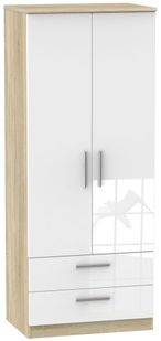 Knightsbridge White Gloss and Oak Effect 2 Door 2 Drawer Double Wardrobe