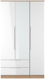 Milan White Gloss and Oak Effect 3 Door Tall Combi Wardrobe - 1 Mirror and LHF 2 Drawers