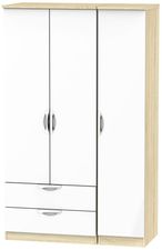 Camden White Gloss and Oak Effect 3 Door Triple Wardrobe - LHF 2 Drawers