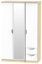 Camden White Gloss and Oak Effect 3 Door Combi Wardrobe - 1 Mirror and RHF 2 Drawers