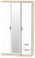 Camden White Gloss and Oak Effect 3 Door Tall Combi Wardrobe - 1 Mirror and RHF 2 Drawers