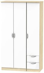 Camden White Gloss and Oak Effect 3 Door Tall Triple Wardrobe - RHF 2 Drawers