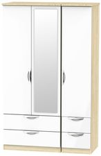 Camden White Gloss and Oak Effect 3 Door Combi Wardrobe - 1 Mirror