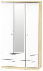 Camden White Gloss and Oak Effect 3 Door Tall Combi Wardrobe - 1 Mirror