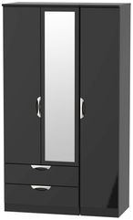 Camden Black Gloss 3 Door Tall Combi Wardrobe - 1 Mirror and LHF 2 Drawers