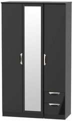 Camden Black Gloss 3 Door Tall Combi Wardrobe - 1 Mirror and RHF 2 Drawers