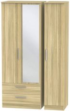 Contrast Modern Oak 3 Door Tall Combi Wardrobe - 1 Mirror and LHF 2 Drawers