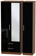 Knightsbridge Black Gloss and Walnut Effect 3 Door Tall Combi Wardrobe - 1 Mirror and LHF 2 Drawers