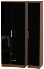 Knightsbridge Black Gloss and Walnut Effect 3 Door Tall Triple Wardrobe - LHF 2 Drawers
