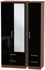 Knightsbridge Black Gloss and Walnut Effect 3 Door Tall Combi Wardrobe - 1 Mirror