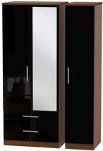 Knightsbridge Black Gloss and Walnut Effect 3 Door Combi Wardrobe - 1 Mirror and LHF 2 Drawers
