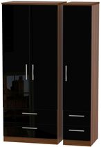 Knightsbridge Black Gloss and Walnut Effect 3 Door Triple Wardrobe - 4 Drawers