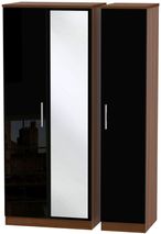 Knightsbridge Black Gloss and Walnut Effect 3 Door Triple Wardrobe - 1 Mirror