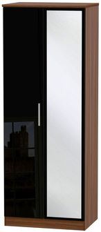 Knightsbridge Black Gloss and Walnut Effect 2 Door Tall Wardrobe - 1 Mirror