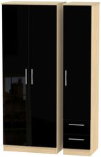 Knightsbridge Black Gloss and Light Oak 3 Door Tall Triple Wardrobe - RHF 2 Drawers