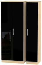 Knightsbridge Black Gloss and Light Oak 3 Door Tall Triple Wardrobe