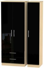 Knightsbridge Black Gloss and Light Oak 3 Door Tall Triple Wardrobe - LHF 2 Drawers