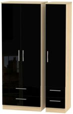 Knightsbridge Black Gloss and Light Oak 3 Door Tall Triple Wardrobe - 4 Drawers