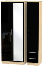 Knightsbridge Black Gloss and Light Oak 3 Door Tall Combi Wardrobe - 1 Mirror and RHF 2 Drawers