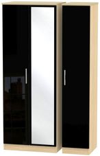 Knightsbridge Black Gloss and Light Oak 3 Door Tall Triple Wardrobe - 1 Mirror